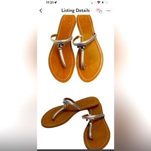 Tory Burch T Logo Flat Thong-Metallic Saffiano Size 8